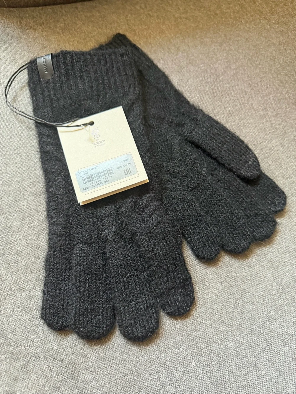 All Saints Black Black Cable Knit Gloves NWT